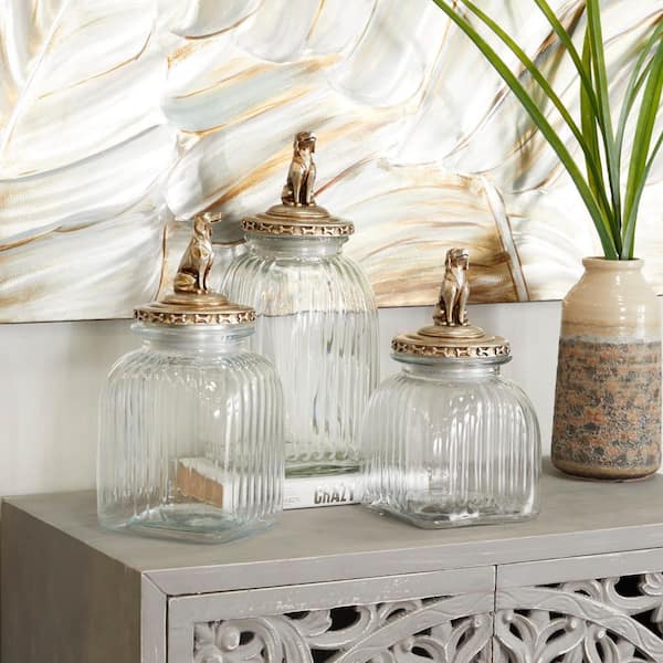 Clear Glass Decorative Jars with Engraved Silver Lids (Set of 3) - On Sale  - Bed Bath & Beyond - 20444762
