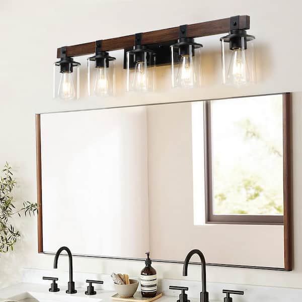 34.6 in. 5-Lights Walnut and Black LED Vanity Light