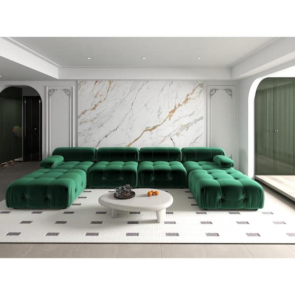 J&E Home 138.6 in. W Square Arm Velvet U Shaped Modular Free Combination Sofa with Ottoman in Green