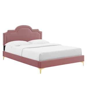 Aviana Red Performance Velvet Frame King Platform Bed with Gold Metal Legs with Foot Caps