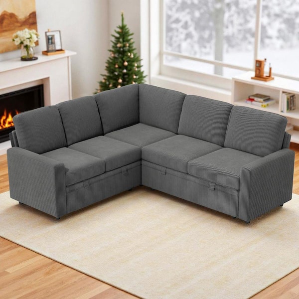 Cozy 80 in. 5-Seat Corduroy L-Shaped Sectional Sofa Sleeper with Pull-Out Sofa Bed & Hide Storage in. Gray