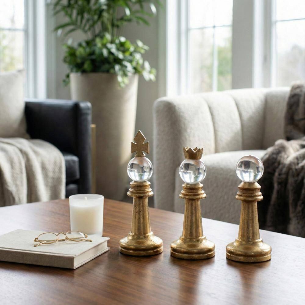 Gold 4 in. x 8 in., 4 in. x 9 in. and 4 in. x 10 in. Metal Decorative Chess Pieces Sculpture (Set of 3)