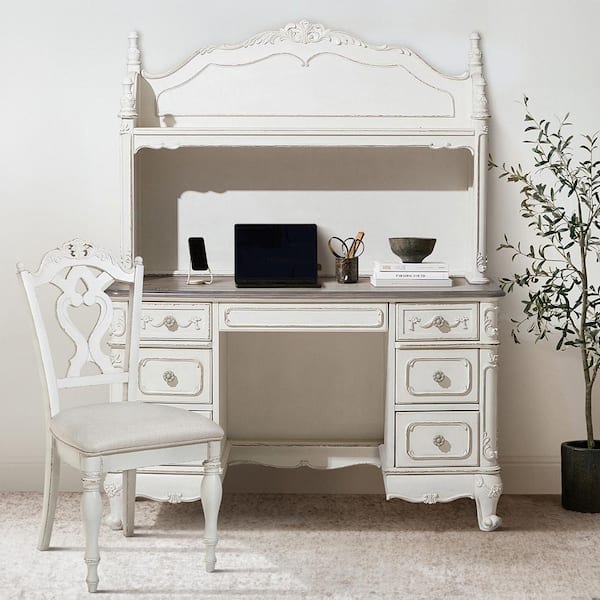 Grazioso Vintage Solid Wood Desk Chair with Fabric Upholstered Cushion in Antique White Finish