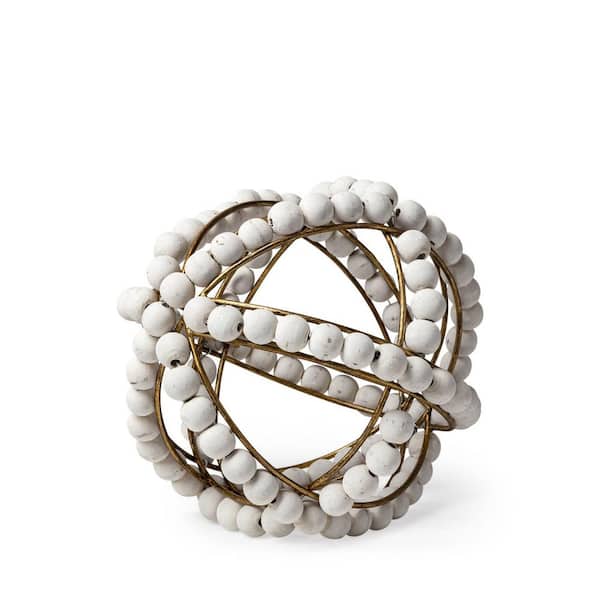 HomeRoots 9 in. White White Wooden Bead And Gold Orb Sculpture
