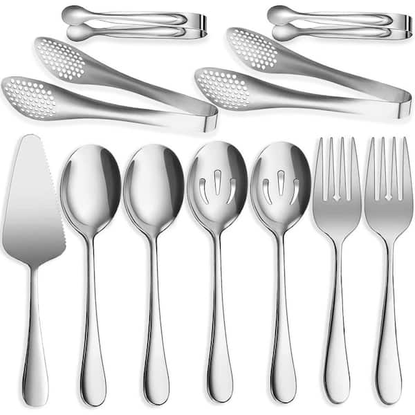 11Pcs Silver Large Stainless Steel Spoons, Forks, Tongs, Pie Server Serving Utensils, Great for Buffet Catering Party