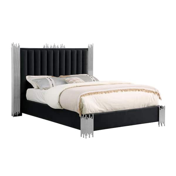 Best Quality Furniture Clarisse Black Velvet Fabric Upholstered Wood Frame Queen Platform Bed With Stainless Steel Legs