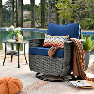 Fortune Dark Gray 2-Piece Wicker Outdoor Patio Conversation Set with Navy Blue Cushions and Swivel Chairs