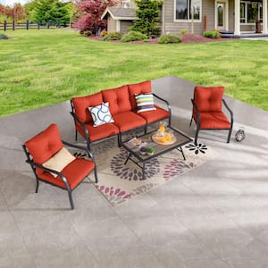 6-Piece Metal Patio Conversation Set with Red Cushions