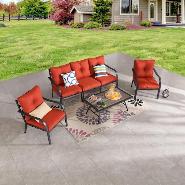 Patio Festival 6-Piece Metal Patio Conversation Set with Red Cushions