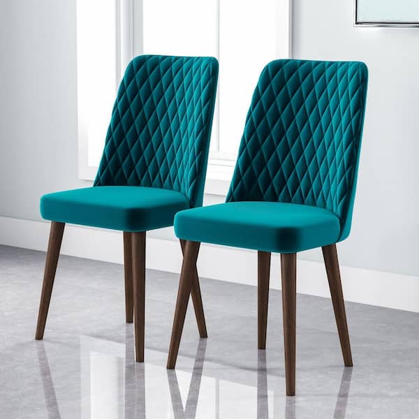 Ruth Mid-Century Modern Teal Velvet Upholstered Dining Chair, Solid Wood Legs (Set of 2)