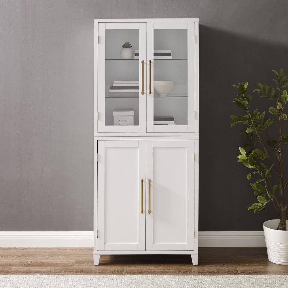 White and Gold Glass Door Curio Cabinet with Adjustable Shelves