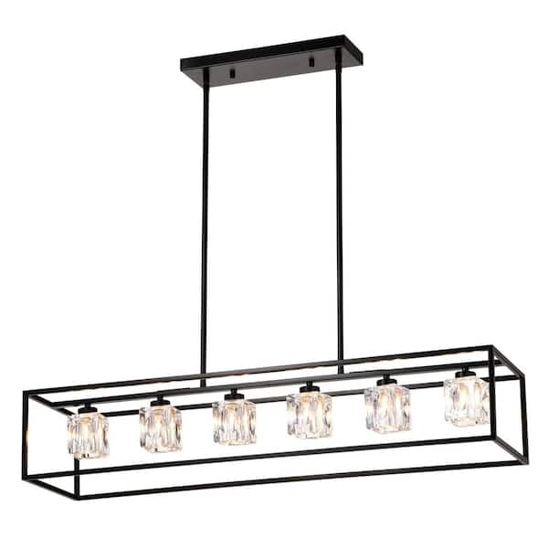 PUDO 37.3 in. 6-Light Black Modern Rectangular Cage Pendant Light with Adjusting Boom