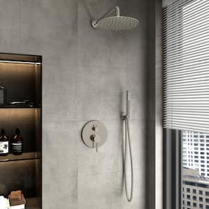 1-Spray 10 in. Round Wall Mount Fixed and Handheld Shower Head 1.8 GPM with Pressure Balance Valve in Brushed Nickel