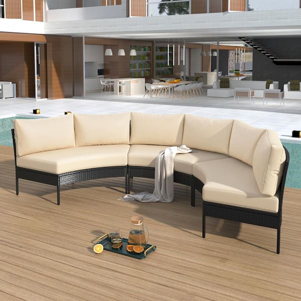 Harper & Bright Designs 3 Piece Black Wicker Outdoor Curved Sectional Sofa with Beige Cushions