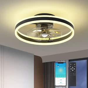 19.6 in. Indoor Black LED Dimmable Caged Propeller Low Profile Flush Mount Ceiling Fan Light with Remote and App Control