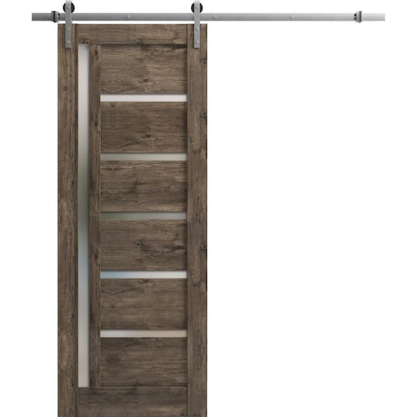 32 in. x 84 in. 1 Panel Frosted Glass Cognac Oak Wood Sliding Barn Door with Hardware Kit