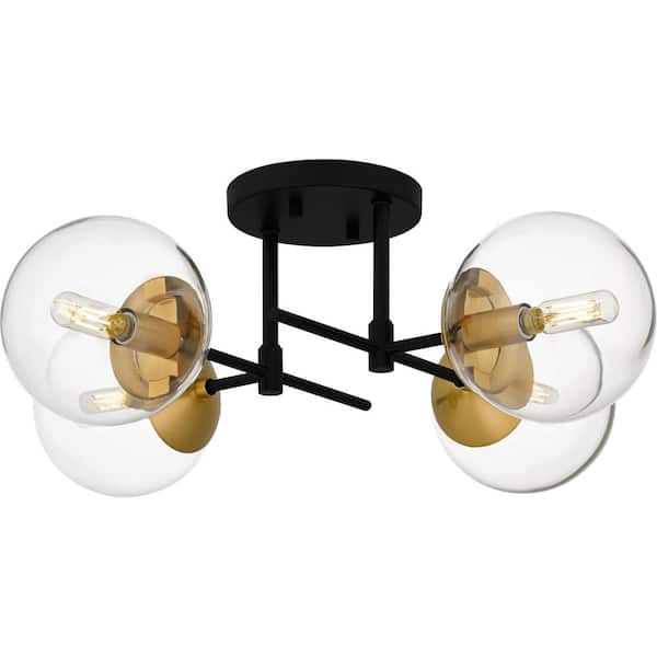 21.88 in. 4-Light Matte Black and Nouveau Gold Semi-Flush Mount with Clear Glass Shades