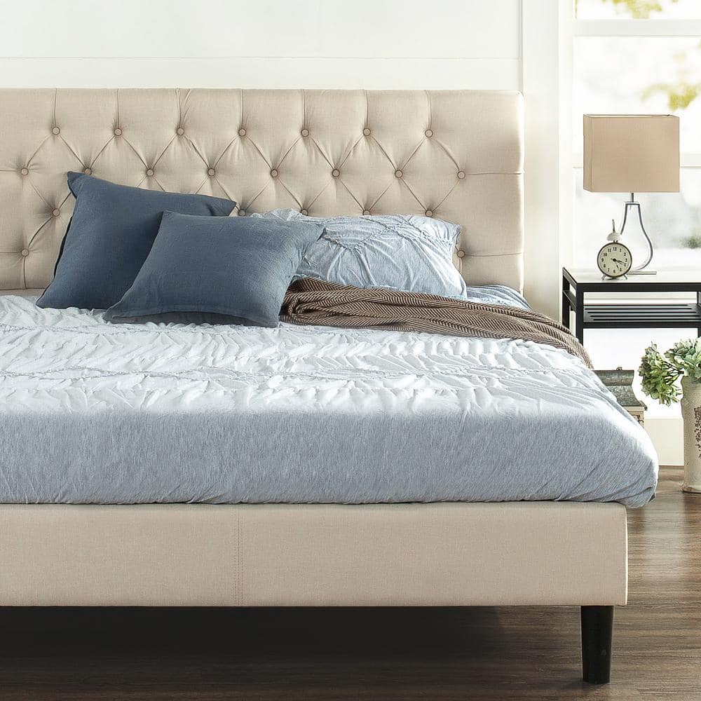 Taupe King Upholstered Platform Bed with Tufted Headboard