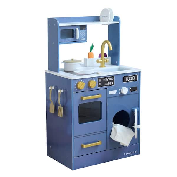 Little Chef Lake Tahoe Blue Wooden Play Kitchen with Washing Machine, Sink and Mini Garden
