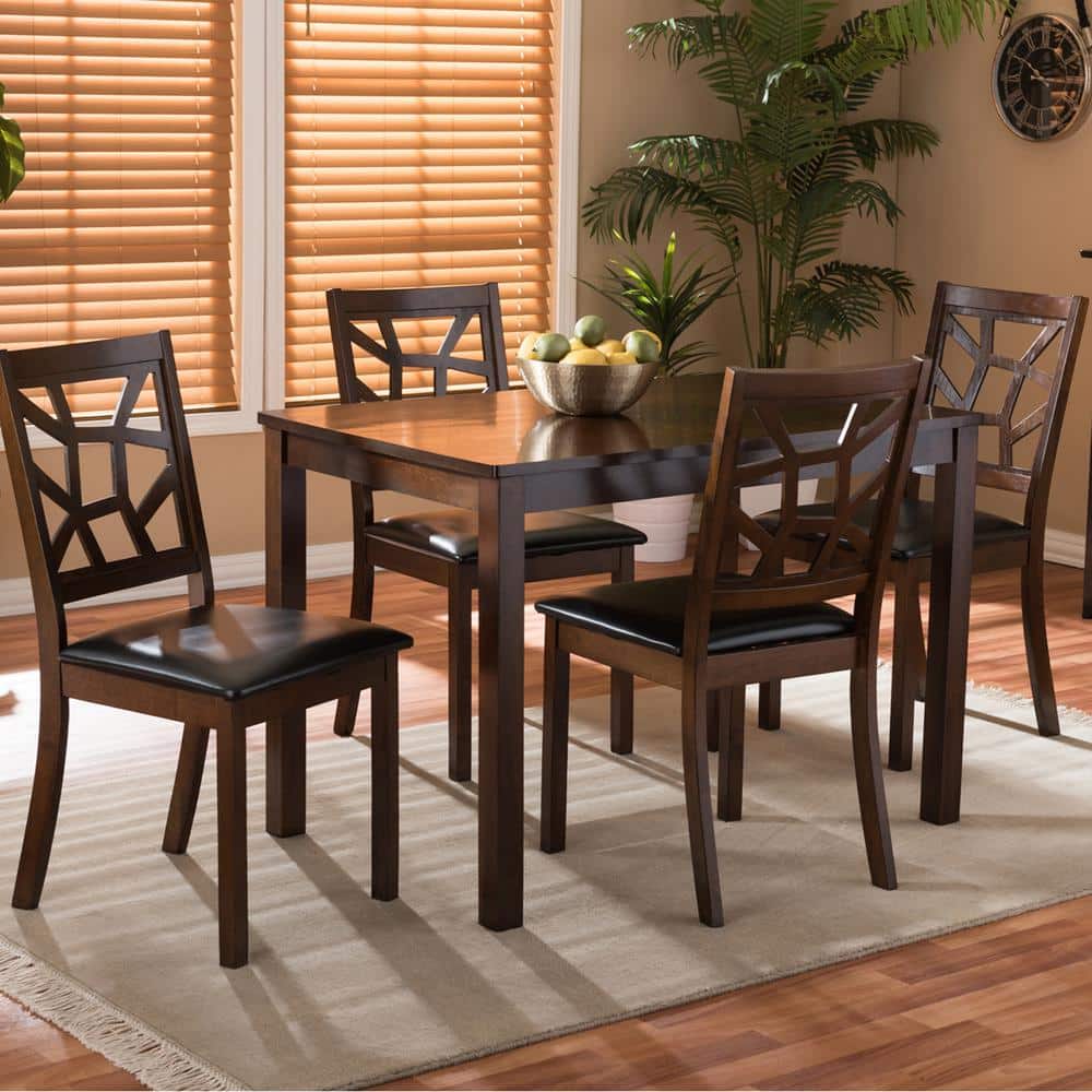 Mozaika Dark Brown Wood & Black Faux-Leather 5-Piece Dining Set