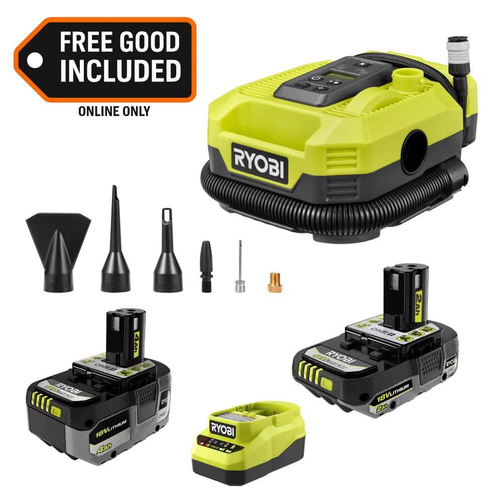 RYOBI ONE+ 18V Kit w/ 4.0 Ah Battery, 2.0 Ah Battery, Charger, & FREE ONE+ Cordless Inflator/Deflator