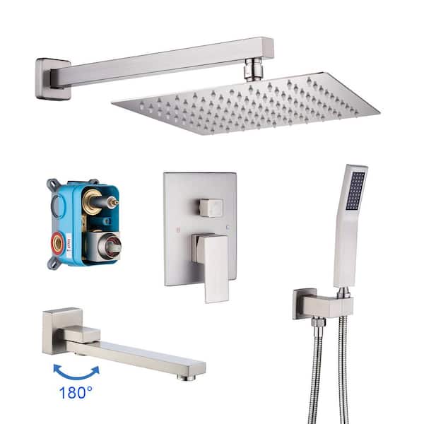 RAINLEX 10 in. Shower Head Single-Handle 1-Spray Square High Pressure Shower Faucet with Spout in Brush Nickel (Valve Included)