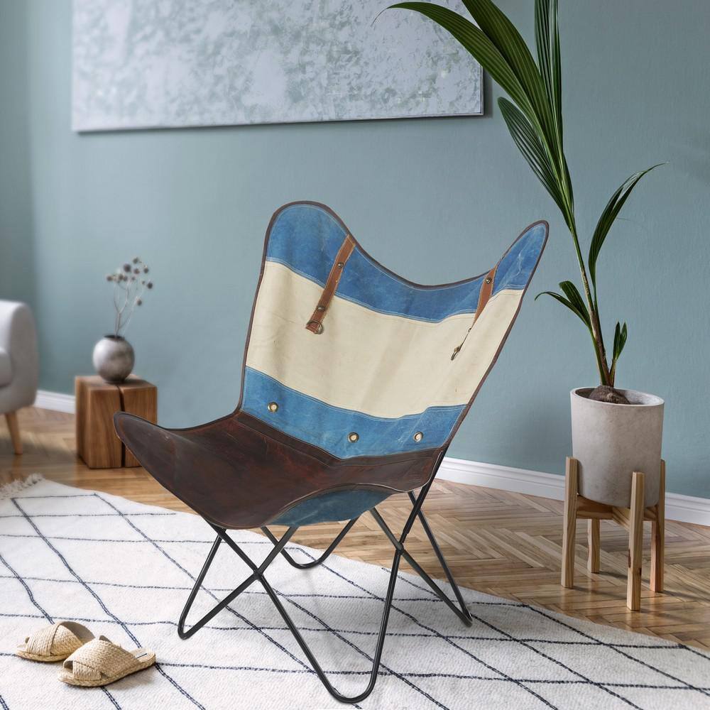 Handcrafted Blue and Ivory Leather Butterfly Chair with Metal Frame