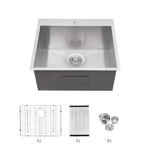 22 in. Drop-In Single Bowl 16 Gauge Brushed Nickel Stainless Steel Kitchen Sink with Bottom Grids