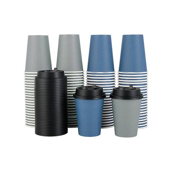Blue Gray Disposable Paper Coffee Cup Tableware 12 oz.. with Leak Proof Lids for Hot Cold Drinks 100 Per Case Plastic