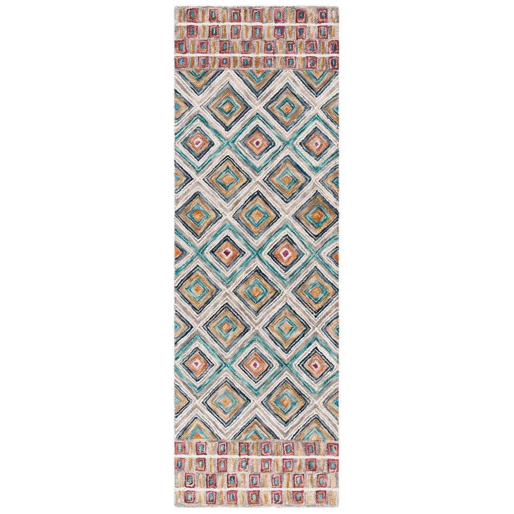 Handmade Tribal-Chic Green and Red Wool Runner Rug - 27" x 8"