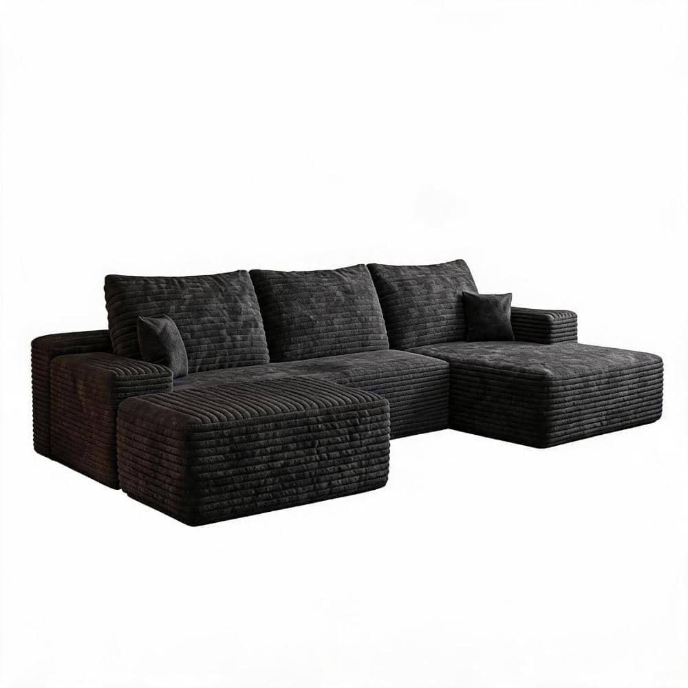 107 in Wide Flared Arm Corduroy U-Shaped Modular Sectional Sofa with Ottoman, No Assembly Required in Black