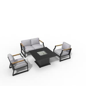 Snow Black 4-Piece Aluminum Patio Fire Pit Conversation Set with Gray Cushions