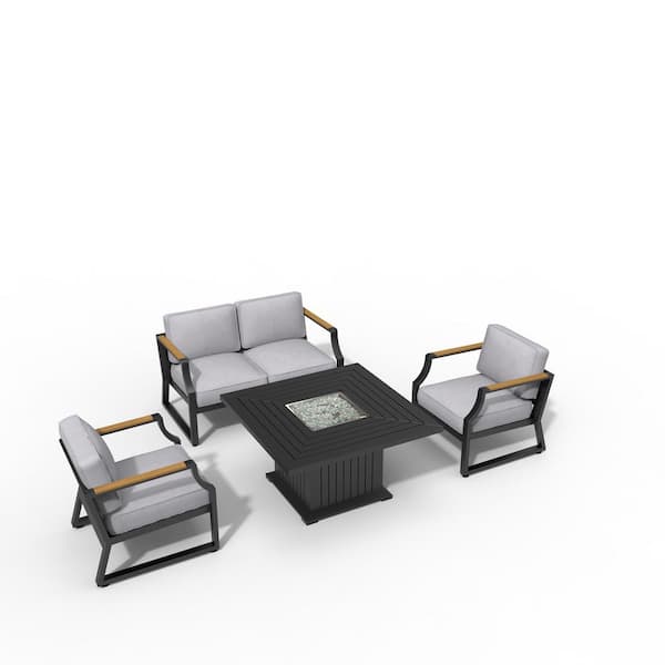 moda furnishings Snow Black 4-Piece Aluminum Patio Fire Pit Conversation Set with Gray Cushions