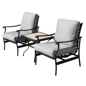 3-Piece Metal Rocking Square Outdoor Bistro Set with Grey Cushion