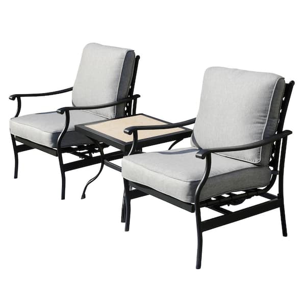 TOP HOME SPACE 3-Piece Metal Rocking Square Outdoor Bistro Set with Grey Cushion