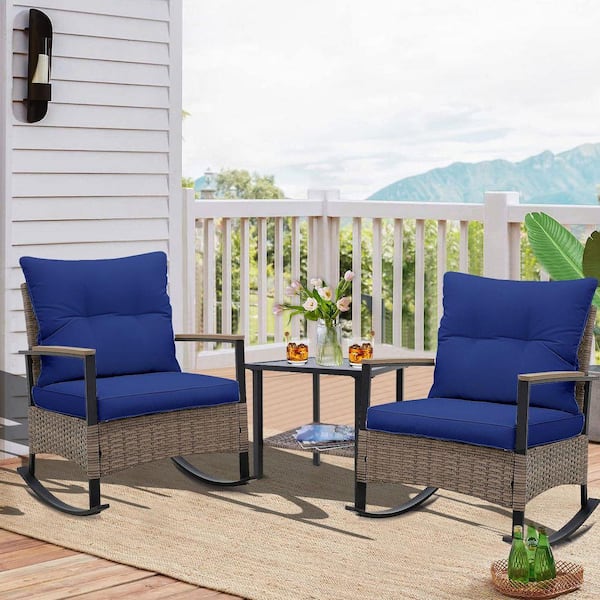 4-Piece Outdoor Rattan Patio Conversation Sectional Seating Set Metal Chair with Blue Cushions