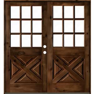 64 in. x 80 in. Knotty Alder 2-Panel Left-Hand/Inswing Clear Glass Provincial Stain Double Wood Prehung Front Door