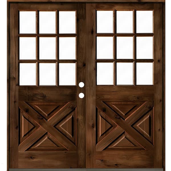 Krosswood Doors 72 in. x 80 in. Knotty Alder 2-Panel Left-Hand/Inswing Clear Glass Provincial Stain Double Wood Prehung Front Door