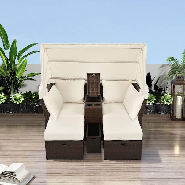 2-Seater Wicker Outdoor Loveseat Sofa Set with Foldable Awning and Beige Cushions