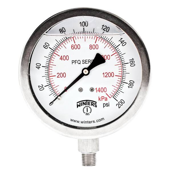 Winters Instruments PFQ Series 4 in. Stainless Steel Liquid Filled Case Pressure Gauge with 1/4 in. NPT LM and Range of 0-200 psi/kPa