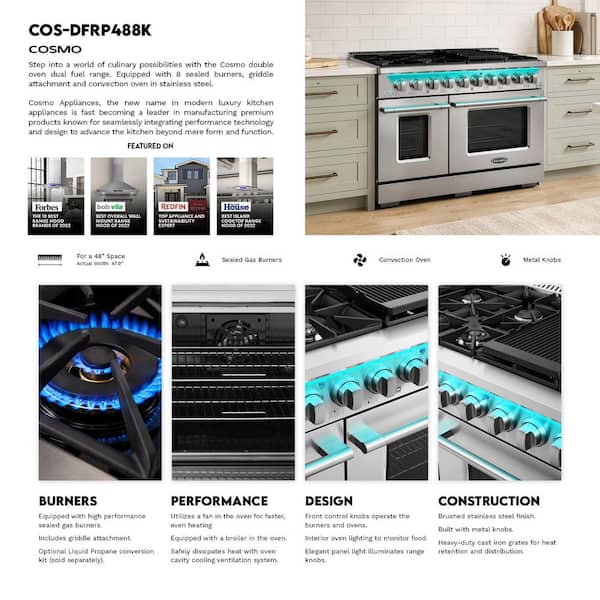 Cosmo 48 in. Lumin Collection 6.6 cu. ft. Double Oven Dual Fuel
