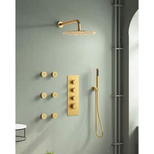 7-Spray Patterns with 2.5 GPM 12 in. Wall Mount Dual Shower Heads with 6 Body Jets in Brushed Gold (Valve Included)
