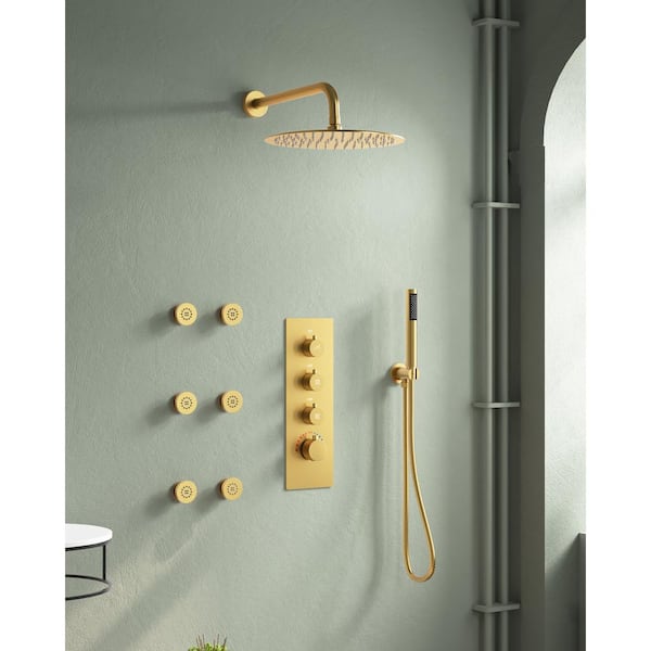 EVERSTEIN 7-Spray Patterns with 2.5 GPM 12 in. Wall Mount Dual Shower Heads with 6 Body Jets in Brushed Gold (Valve Included)