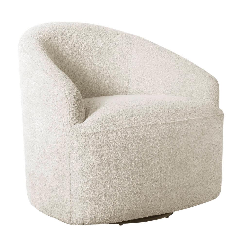 Cream Microfiber Barrel Swivel Accent Chair with Wood Base