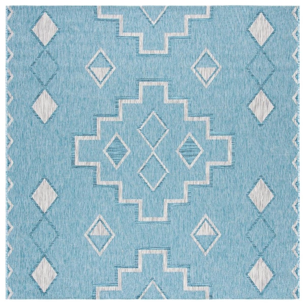 SAFAVIEH Courtyard Aqua/Gray 7 ft. x 7 ft. Indoor/Outdoor Square Area Rug