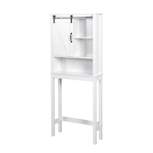Unbranded 27.16 in. W x 67 in. H x 9.06 in. D White Over The Toilet Storage with Adjustable Shelf and Barn Door
