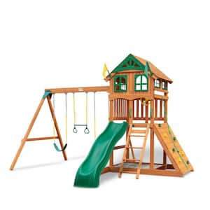 DIY Outing III Wooden Swing Set with Wood Roof, Wave Slide, Rock Wall, sandbox, and Playset Accessories