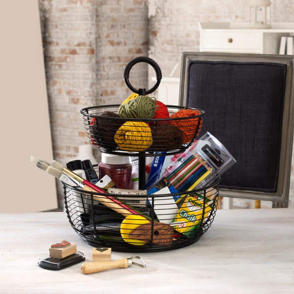 Antique Black 3-Tier Wrought Iron Round Storage Basket