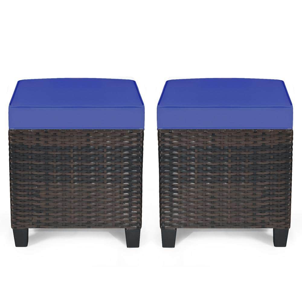 Mix Brown Frame Wicker Outdoor Ottomans with Navy Cushions (2-Pack)