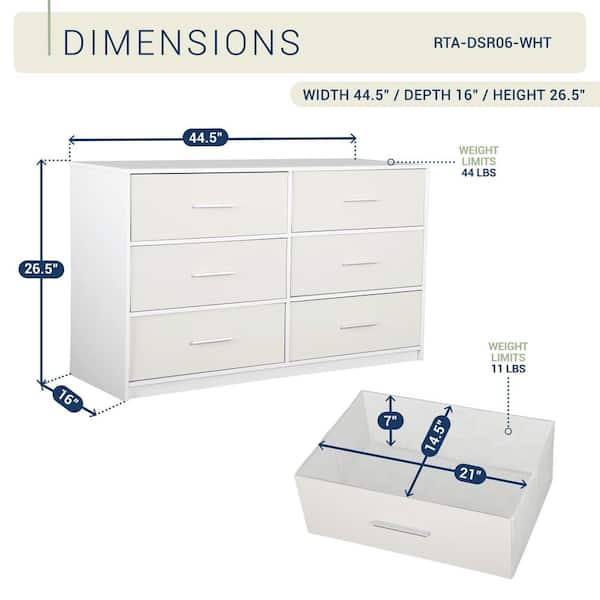 Techni Home White 6-Drawer 44.5 in. Wide Dresser RTA-DSR06-WHT